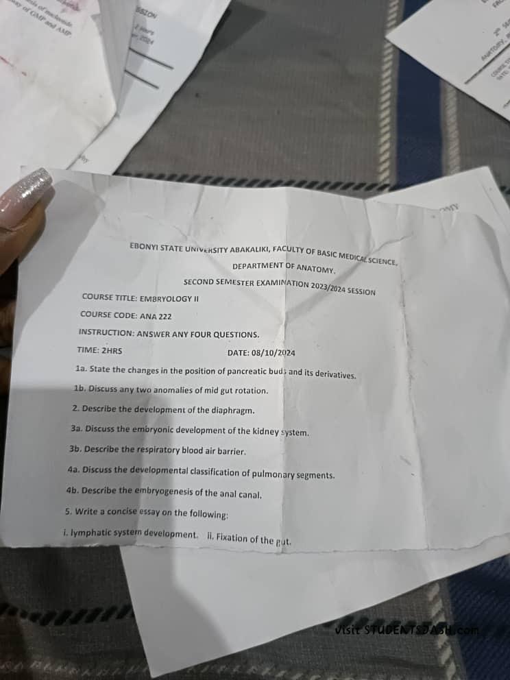 ANA 222 Past Questions and Answers