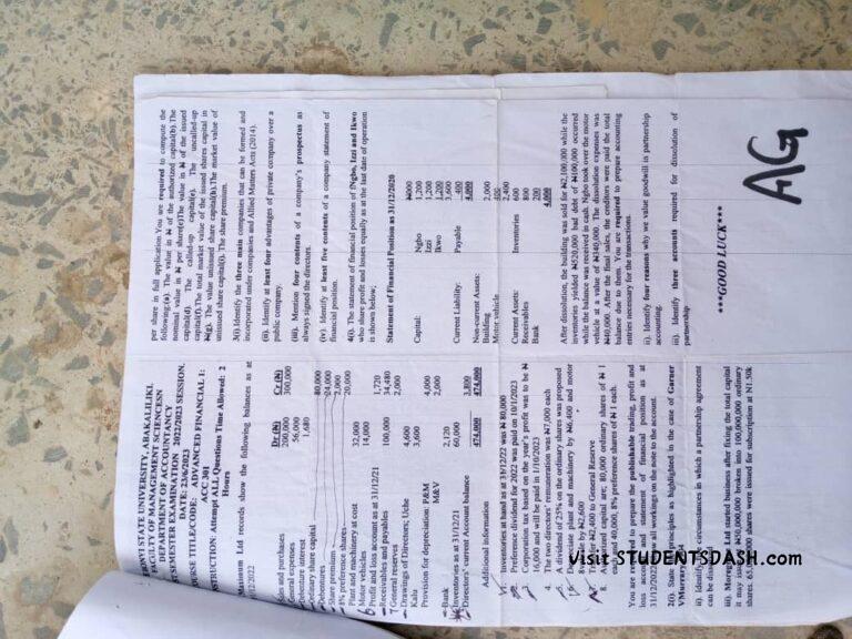 Acc 301 Past Questions and Answers