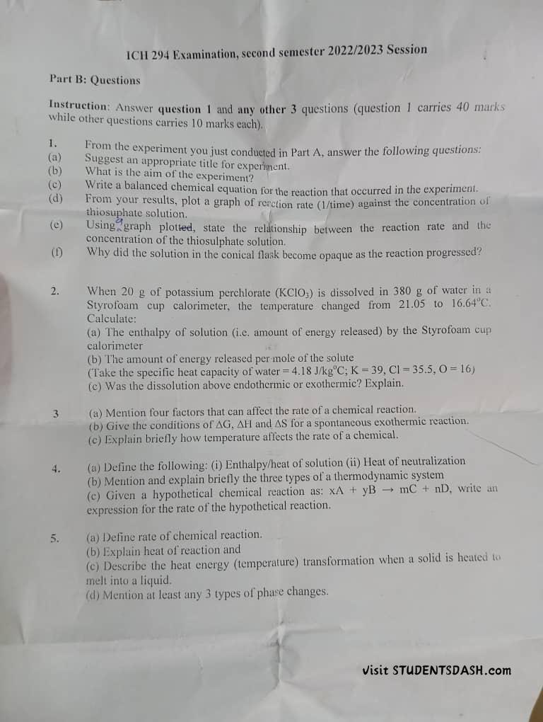 ICH 294 Past Questions and Answers