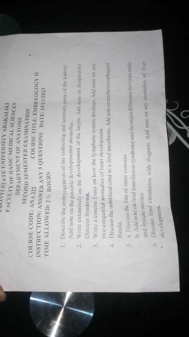 ANA 222 Past Questions and Answers