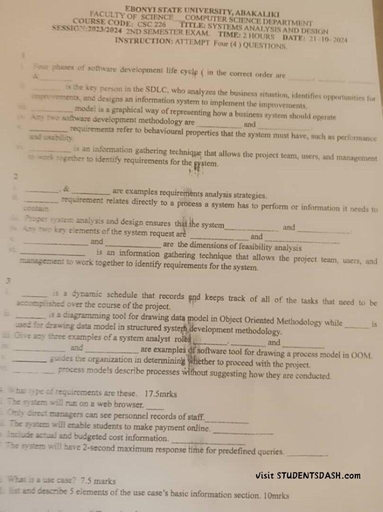 CSC 226 Past Questions and Answers
