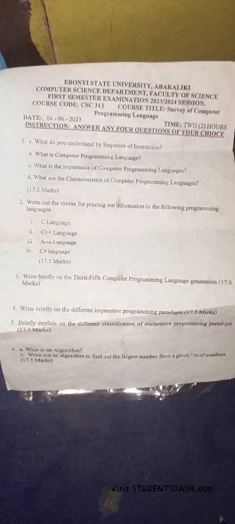 CSC 313 Past Questions and Answers