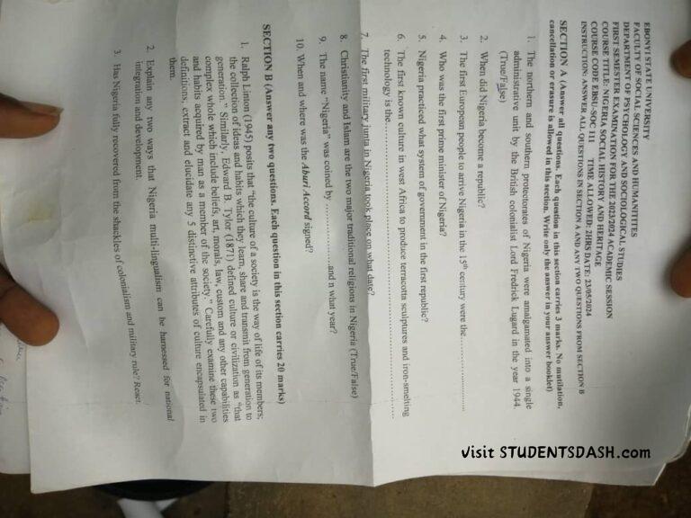 EBSU SOC 111 Past Questions and Answers