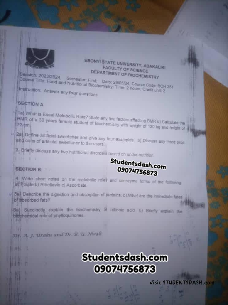 BCH 351 Past Questions and Answers