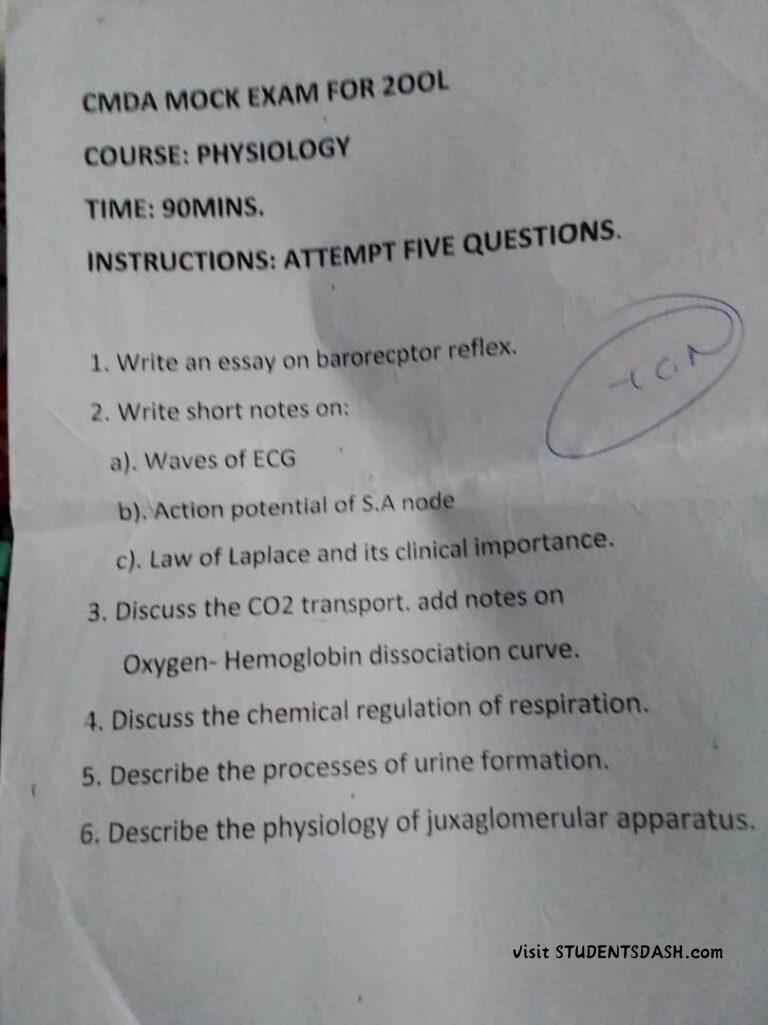 CMDA Mock Exam for 200L Past Questions and Answers