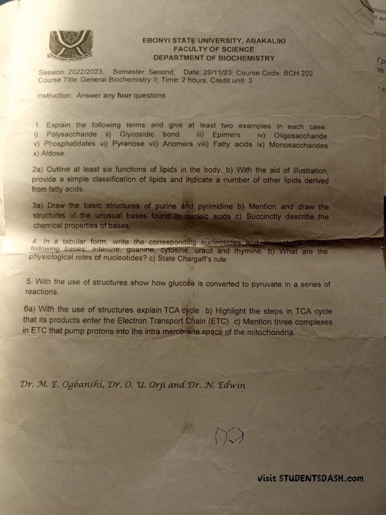 BCH 202 Past Questions and Answers
