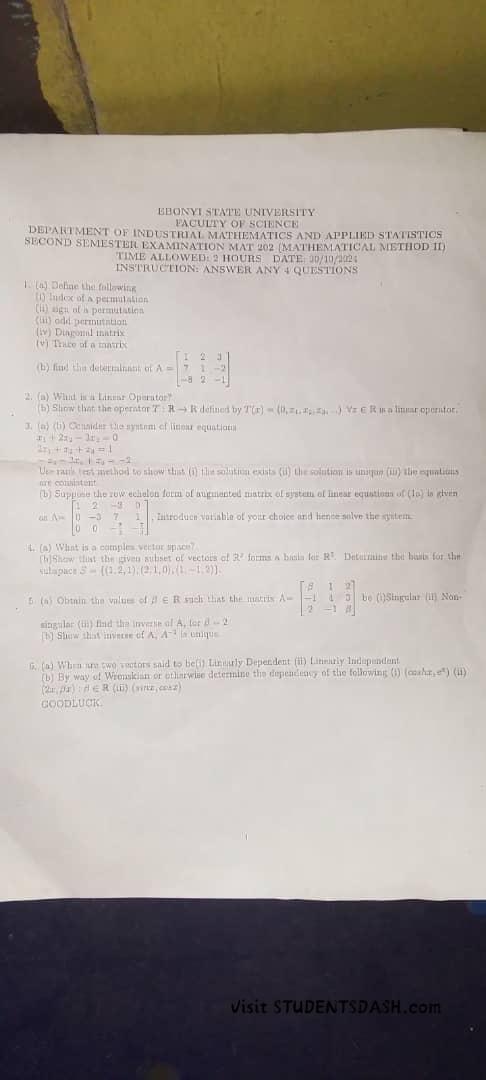 MAT 202 Past Questions and Answers