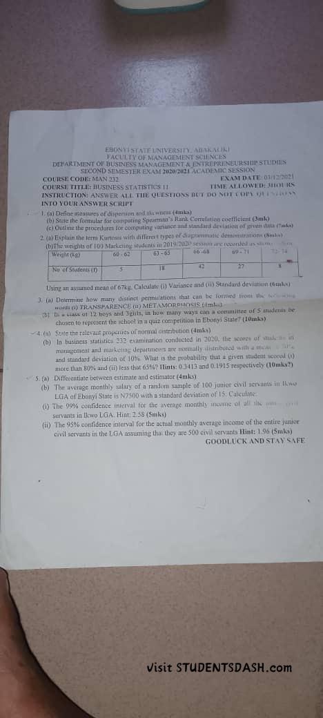 MAN 232 Past Questions and Answers