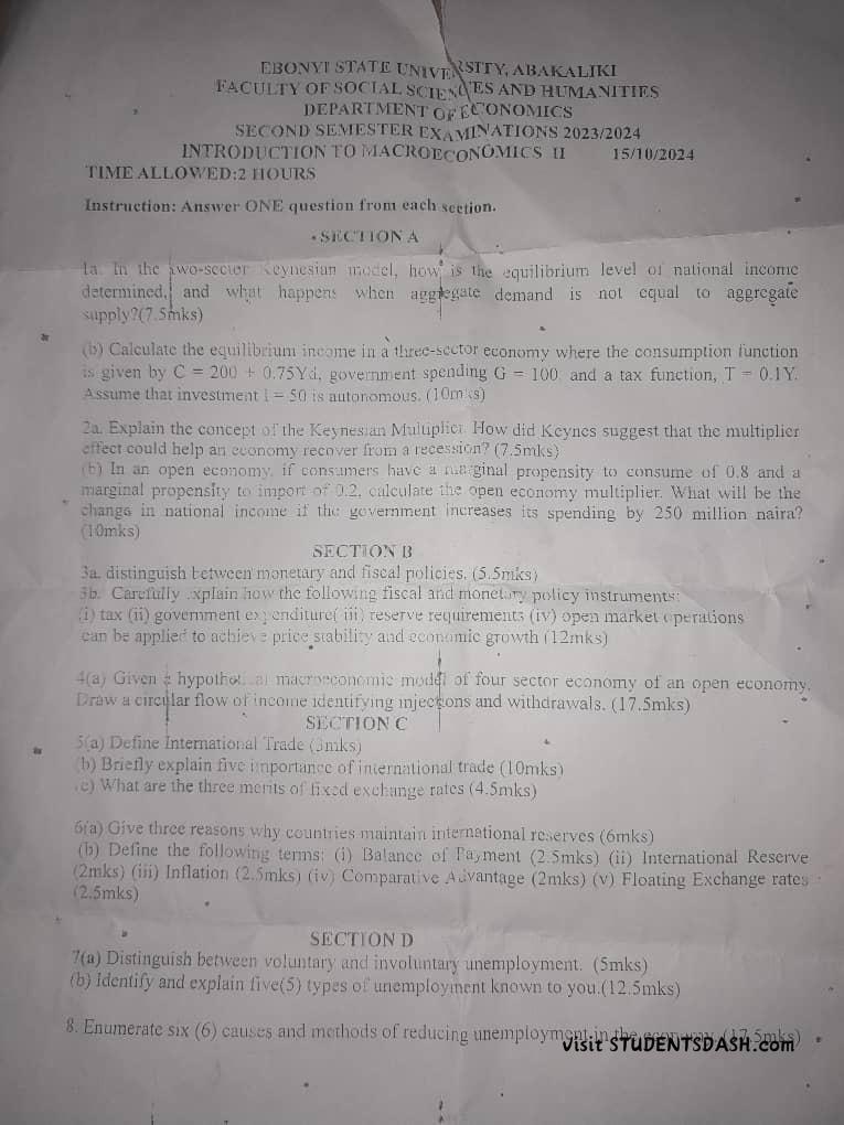 Introduction to Macroeconomics II Past Questions and Answers