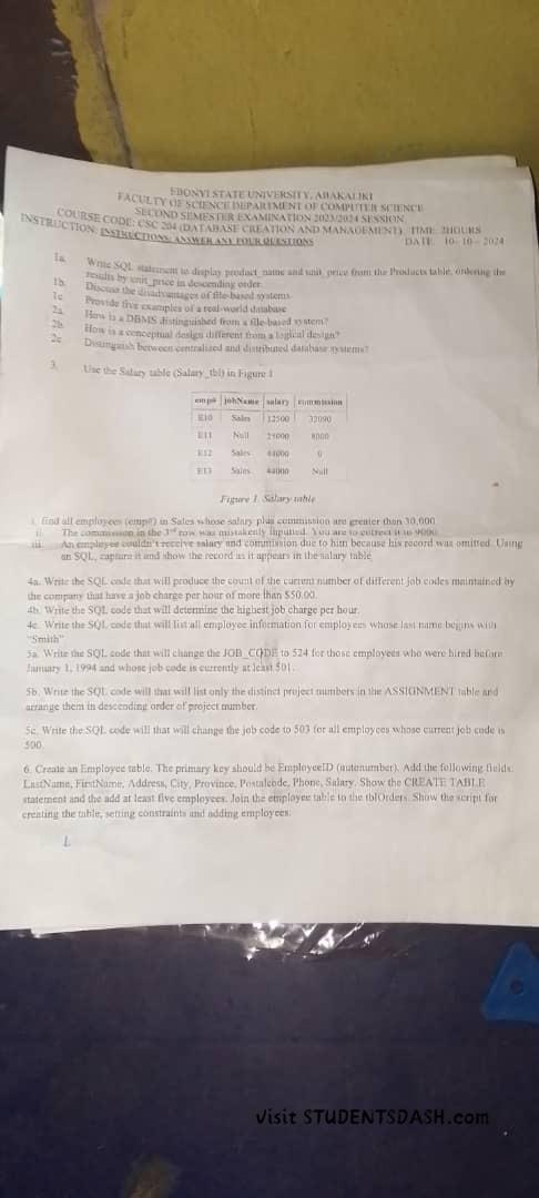 CSC 204 Past Questions and Answers