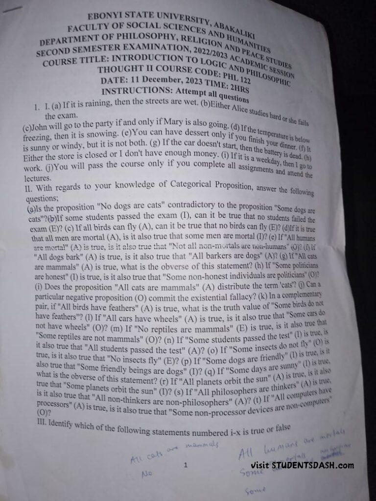 PHL 122 Past Questions and Answers