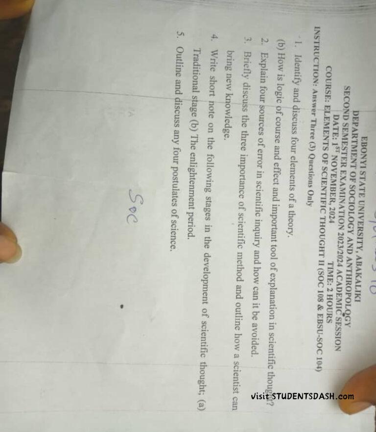 SOC 108 & EBSU SOC 104 Past Questions and Answers