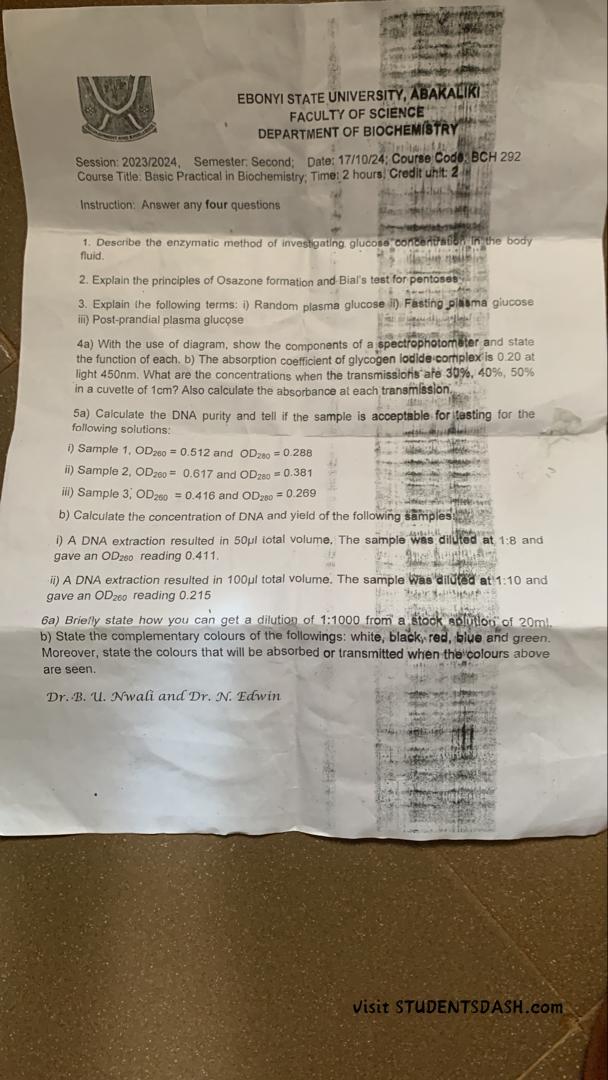 BCH 292 Past Questions and Answers
