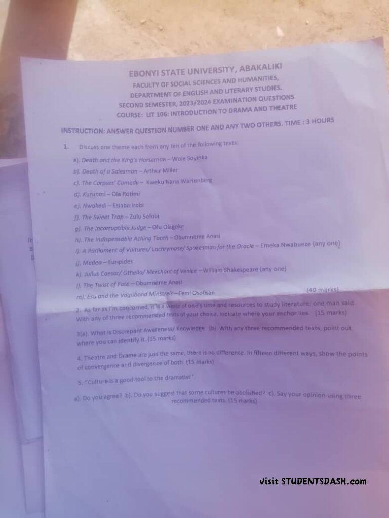 LIT 106 Past Questions and Answers