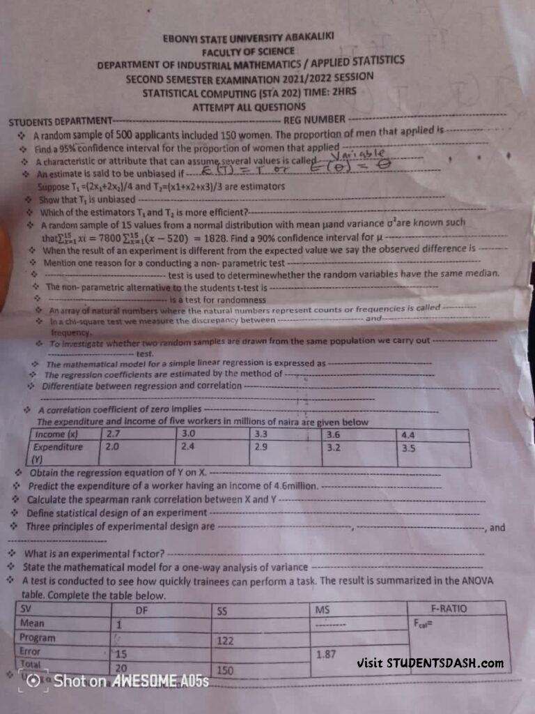 STA 202 Past Questions and Answers