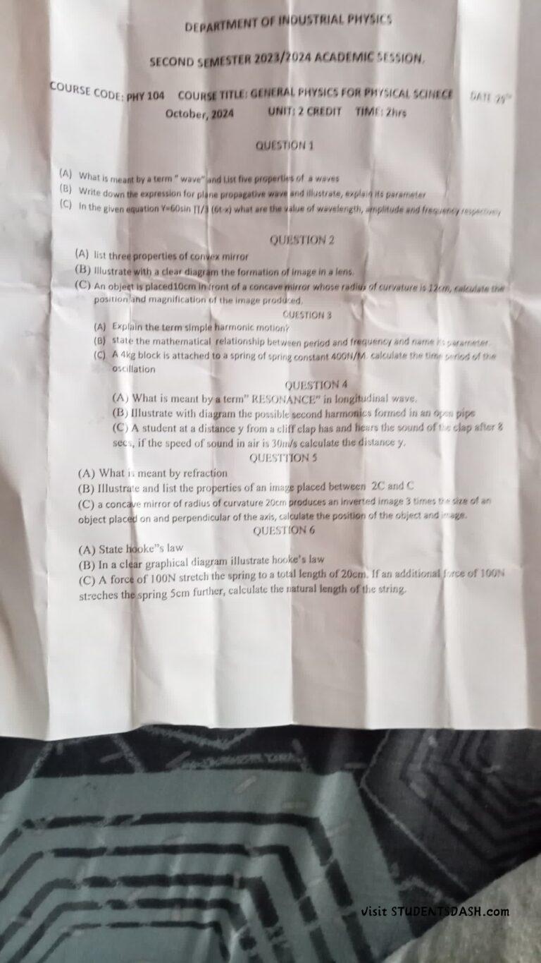 PHY 104 Past Questions and Answers