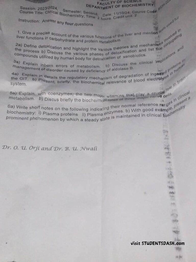 BCH 222 Past Questions and Answers
