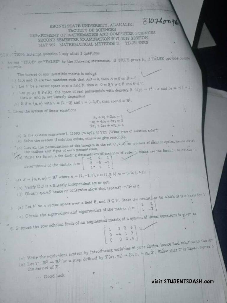 MAT 202 Past Questions and Answers