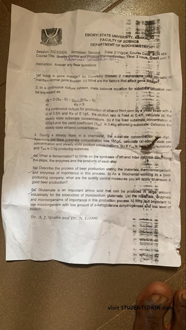 BCH 464 Past Questions and Answers