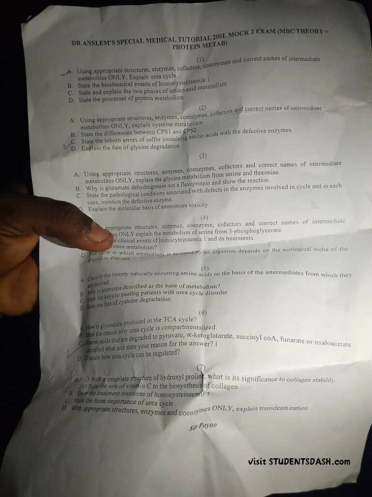 DR ANSLEM’S Special Medical Tutorial 200L Mock 2 Mock Examination Past Questions (MBC THEORY – PROTEIN METAB) Past Questions and Answers