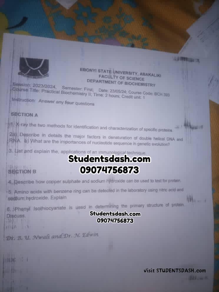 BCH 393 Past Questions and Answers