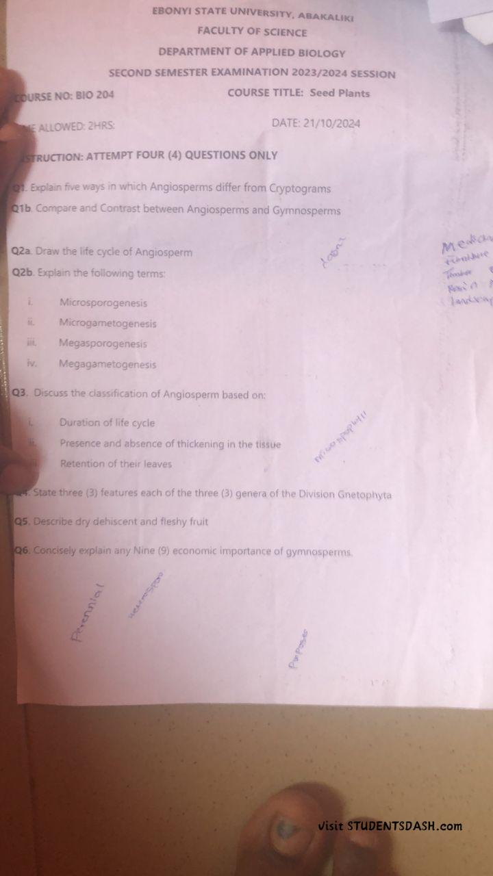 BIO 204 Past Questions and Answers