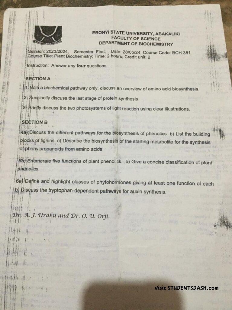 BCH 381 Past Questions and Answers