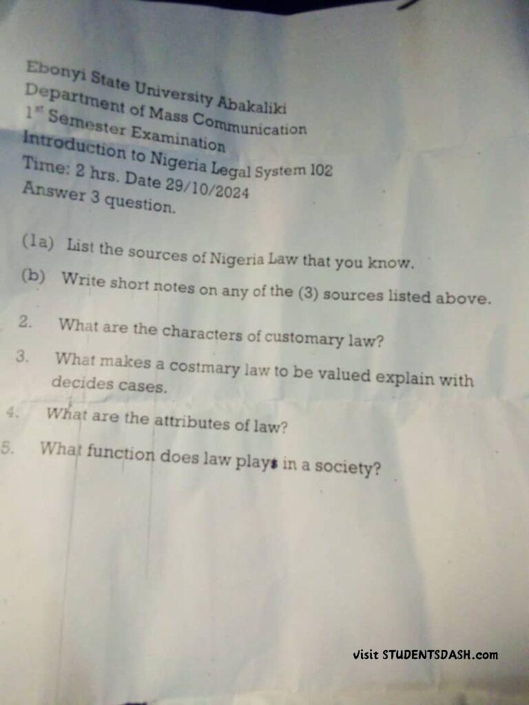 Introduction to Nigeria Legal System 102 Past Questions and Answers