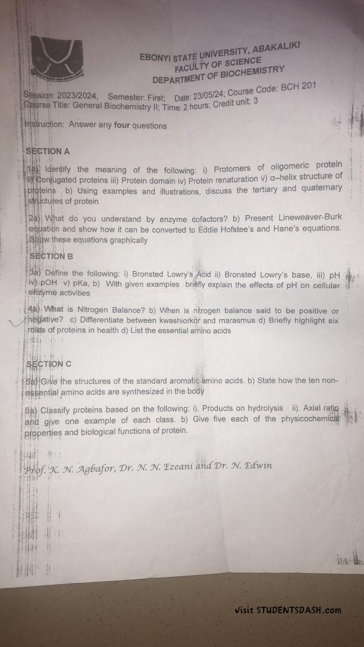 BCH 201 Past Questions and Answers