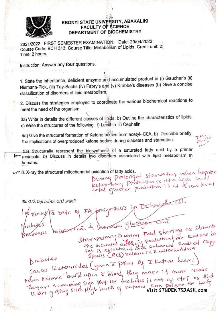 BCH 313 Past Questions and Answers