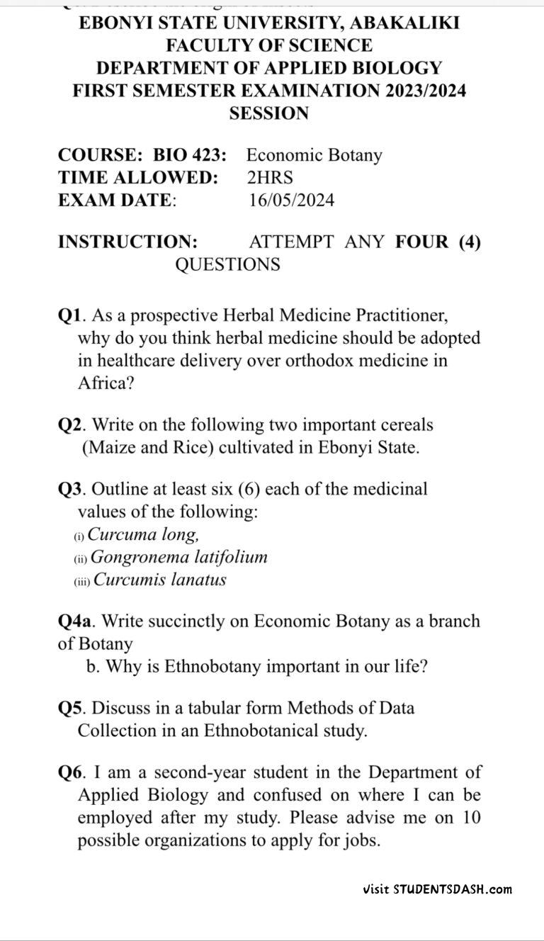 Bio 423 Past Questions and Answers