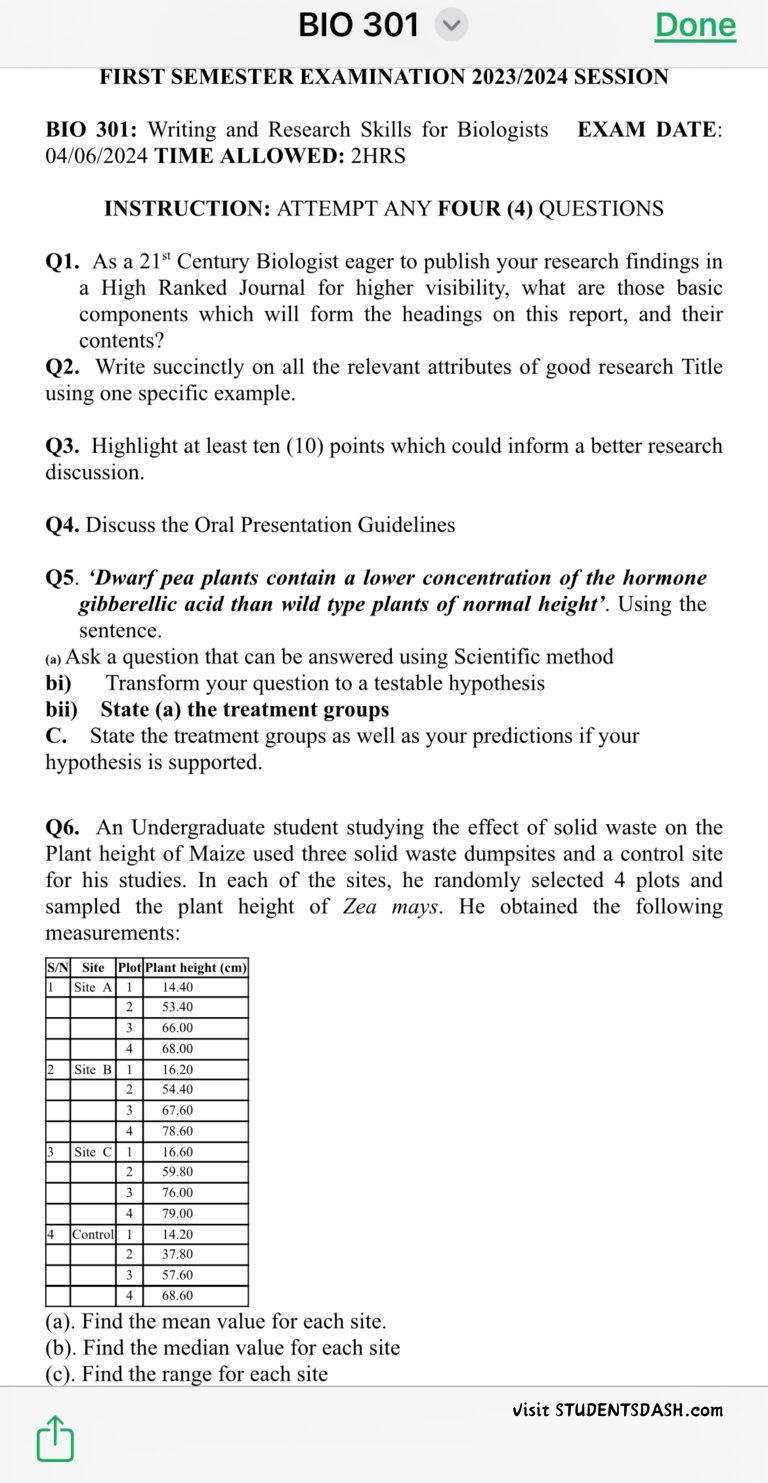 BIO 301 Past Questions and Answers
