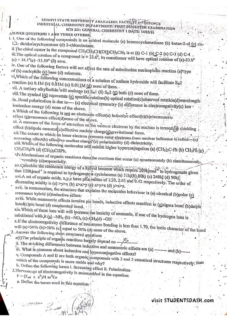 ICH 221 Past Questions and Answers