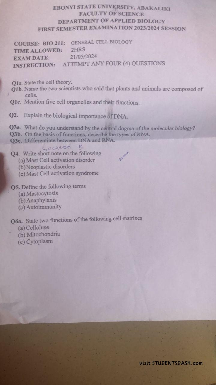 Past Questions and BIO 211 Answers