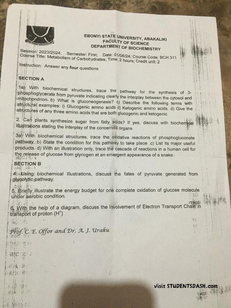BCH 311 Past Questions and Answers