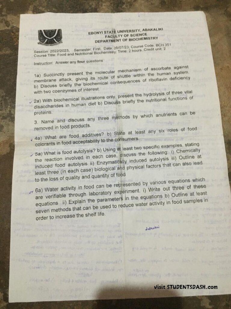 BCH 351 Past Questions and Answers 2023