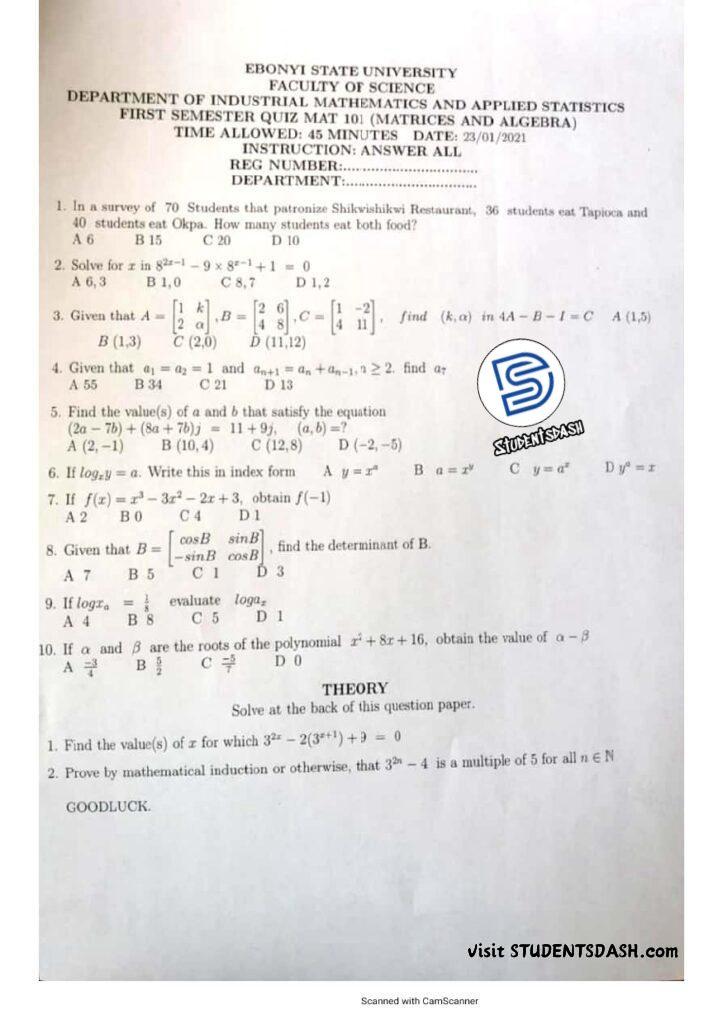 MAT 101 (MTH 101) Quiz Past Questions and Answers