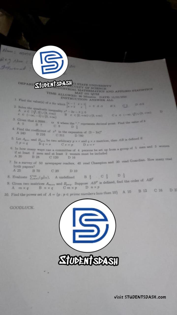 MAT 101 Quiz Past Questions and Answers (2025)