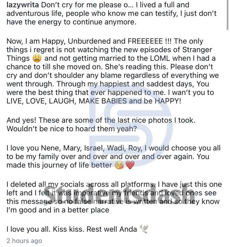 Nigerian Influencer Lazywrita Dies by Suicide, Leaves Emotional Farewell Post