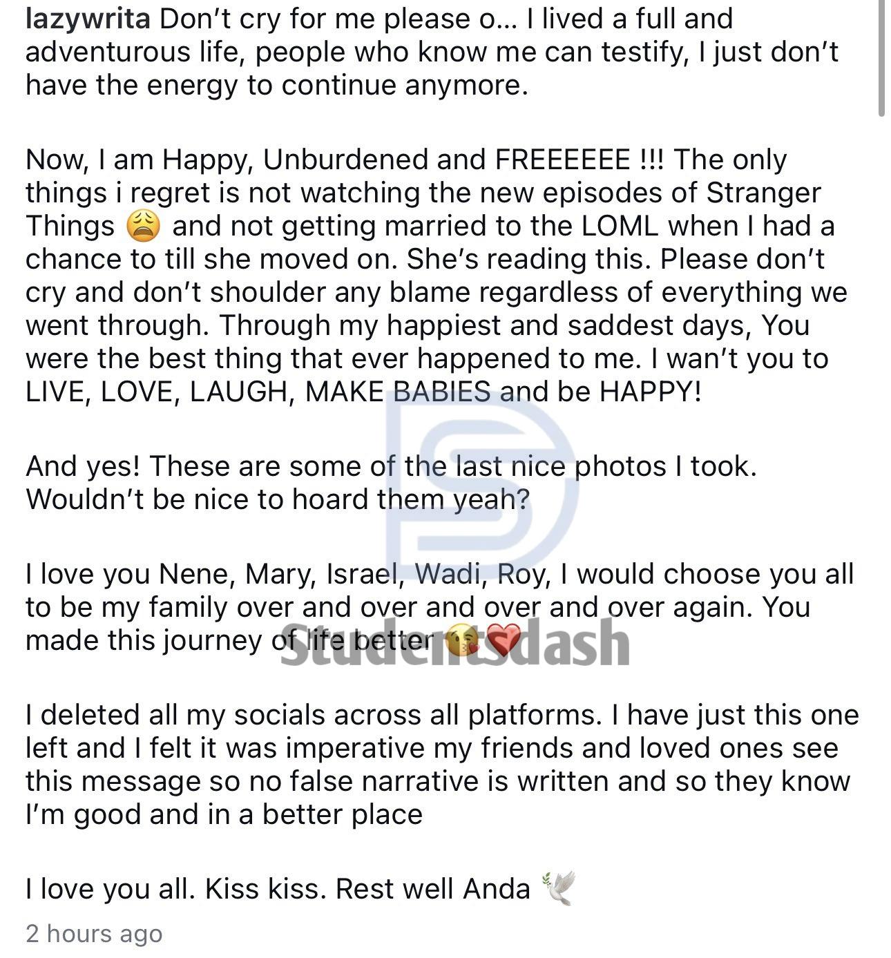 Nigerian Influencer Lazywrita Dies by Suicide, Leaves Emotional Farewell Post