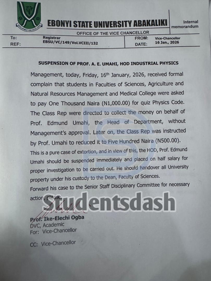 EBSU Suspends HOD of Industrial Physics Over Alleged Illegal Collection of Quiz Fees