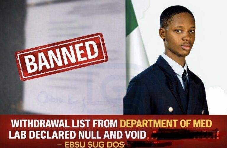 JUST IN: Withdrawal List from Med Lab Department Declared Null and Void – EBSU SUG DOS Speaks