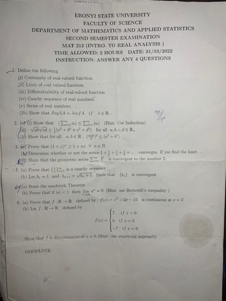 MAT 212 Past Question Intro To Real Analysis
