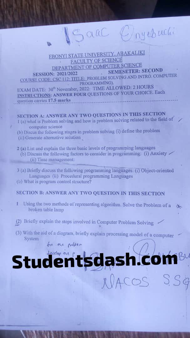 CSC 112 Past Question and Answers