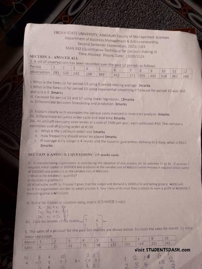 MAN 332 Past Questions and Answers