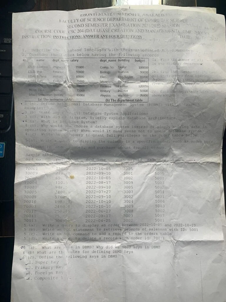 CSC 343 Past Questions and Answers