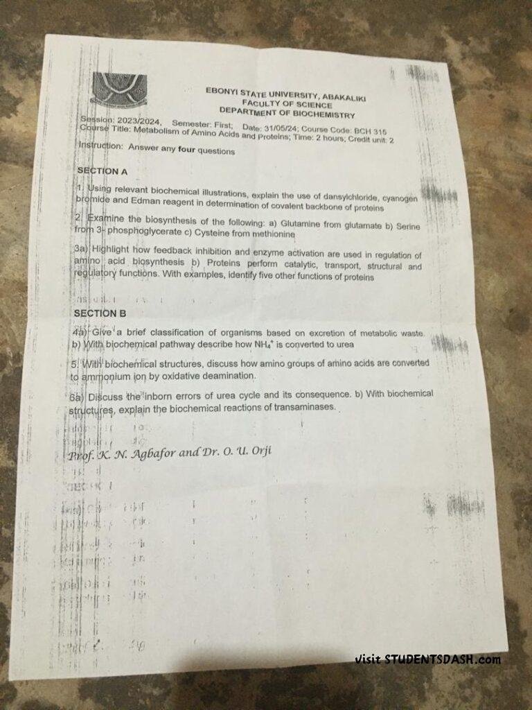 BCH 315 Past Questions and Answers