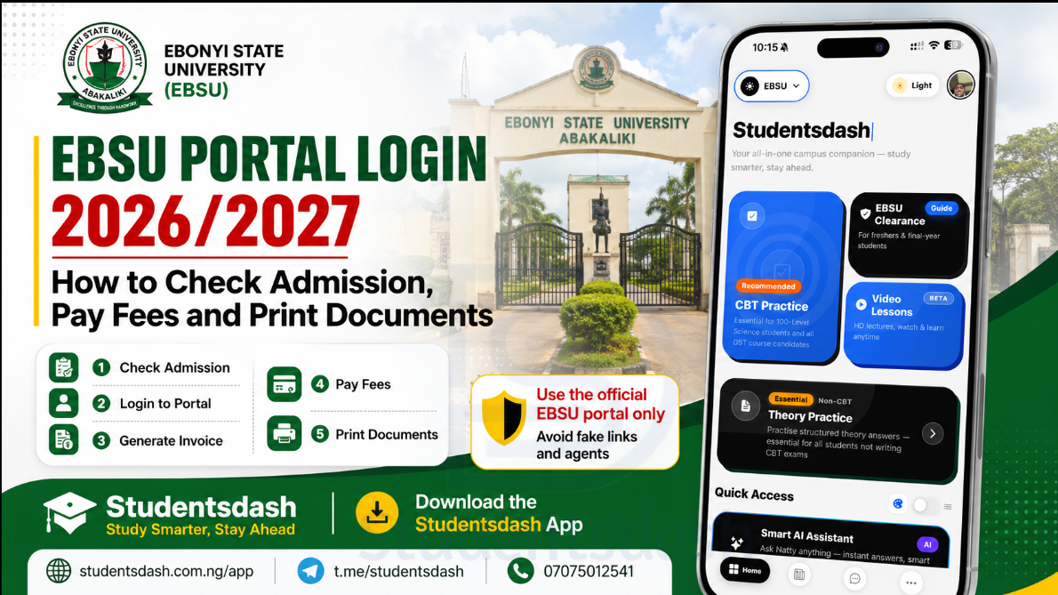 EBSU Portal Login 2026/2027: How to Check Admission, Pay Fees and Print Documents